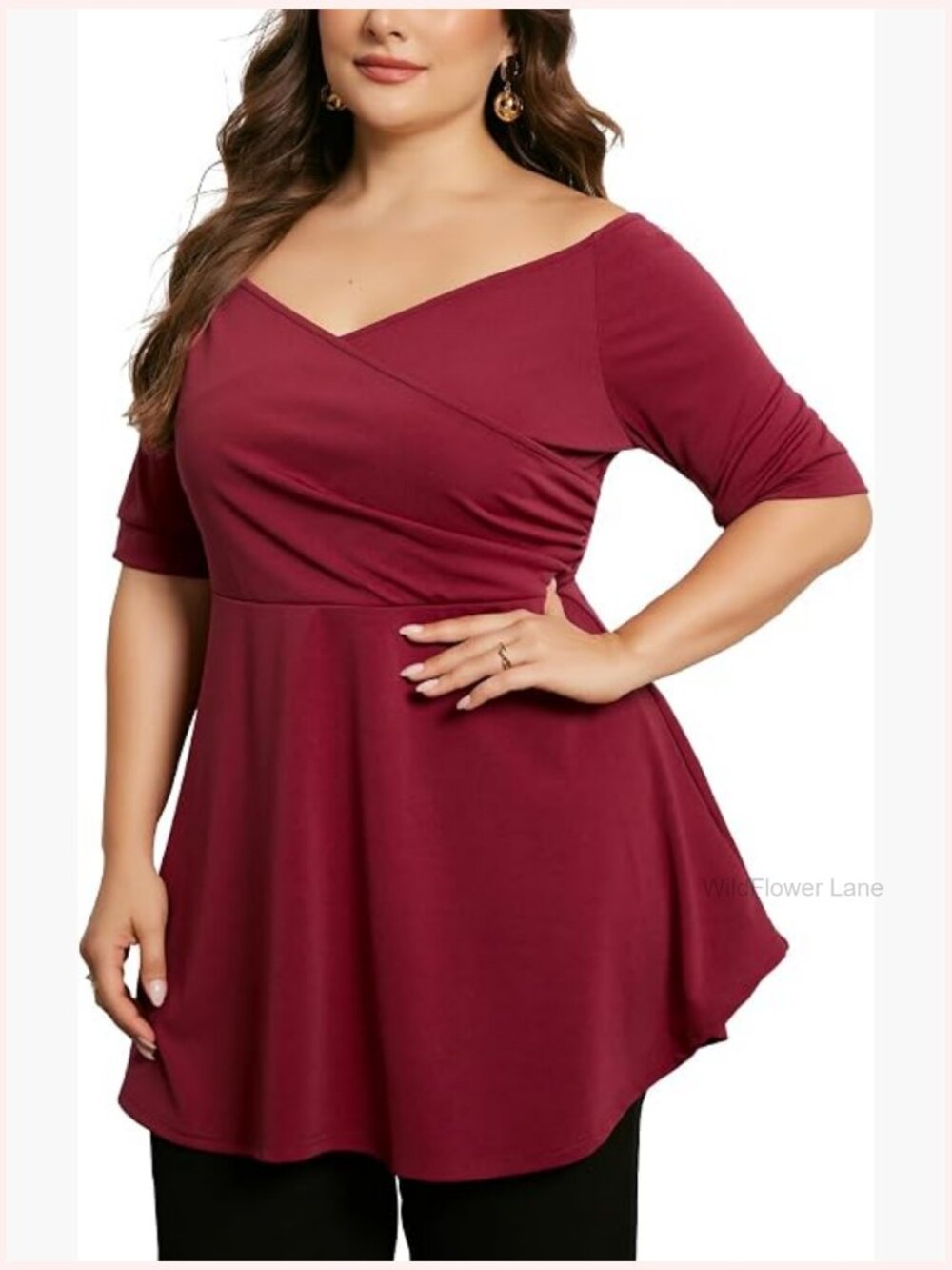 Plus Size Ruched Peplum Blouse V-Neck Short Sleeve Summer Top